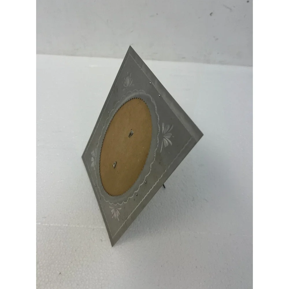 Vintage Etched Aluminum Picture Frame Oval Opening Easel Back Art Deco Floral